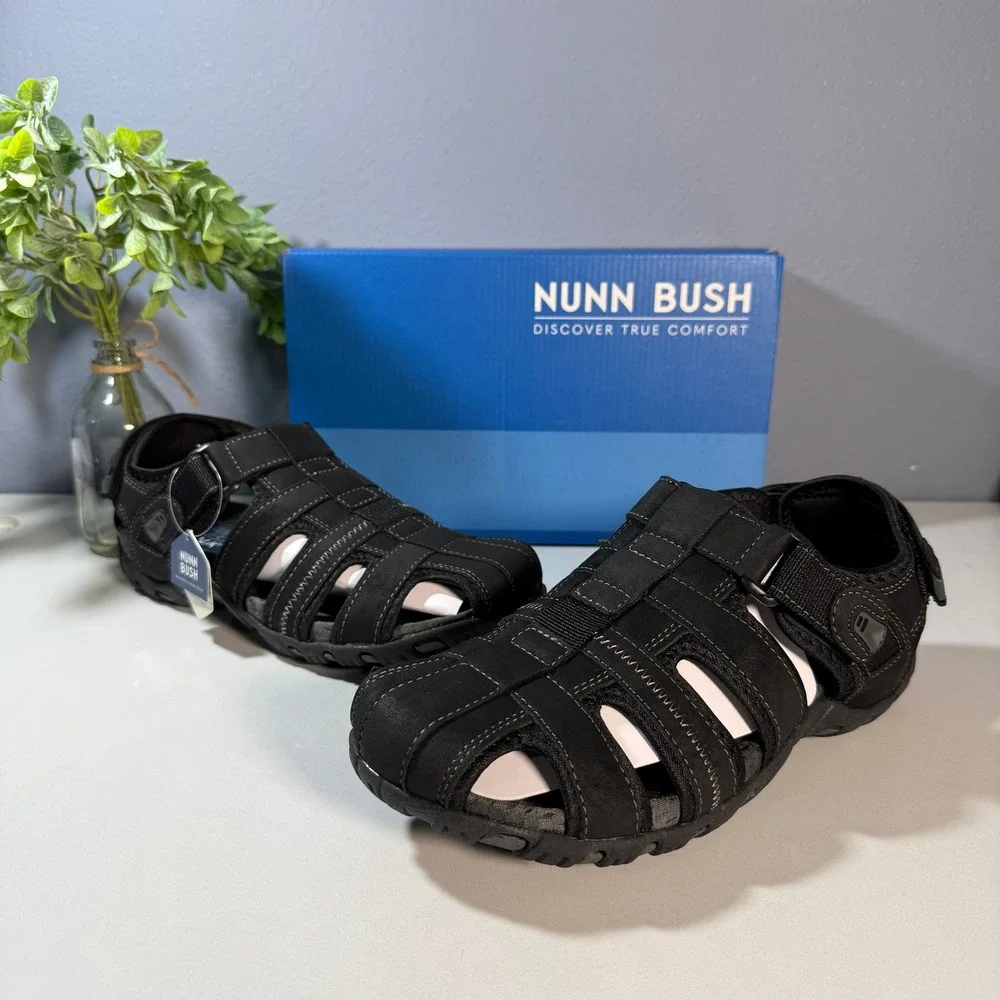 Nunn Bush Mens Black Fisherman Sandals‎ Hook and Loop Comfort Size 9